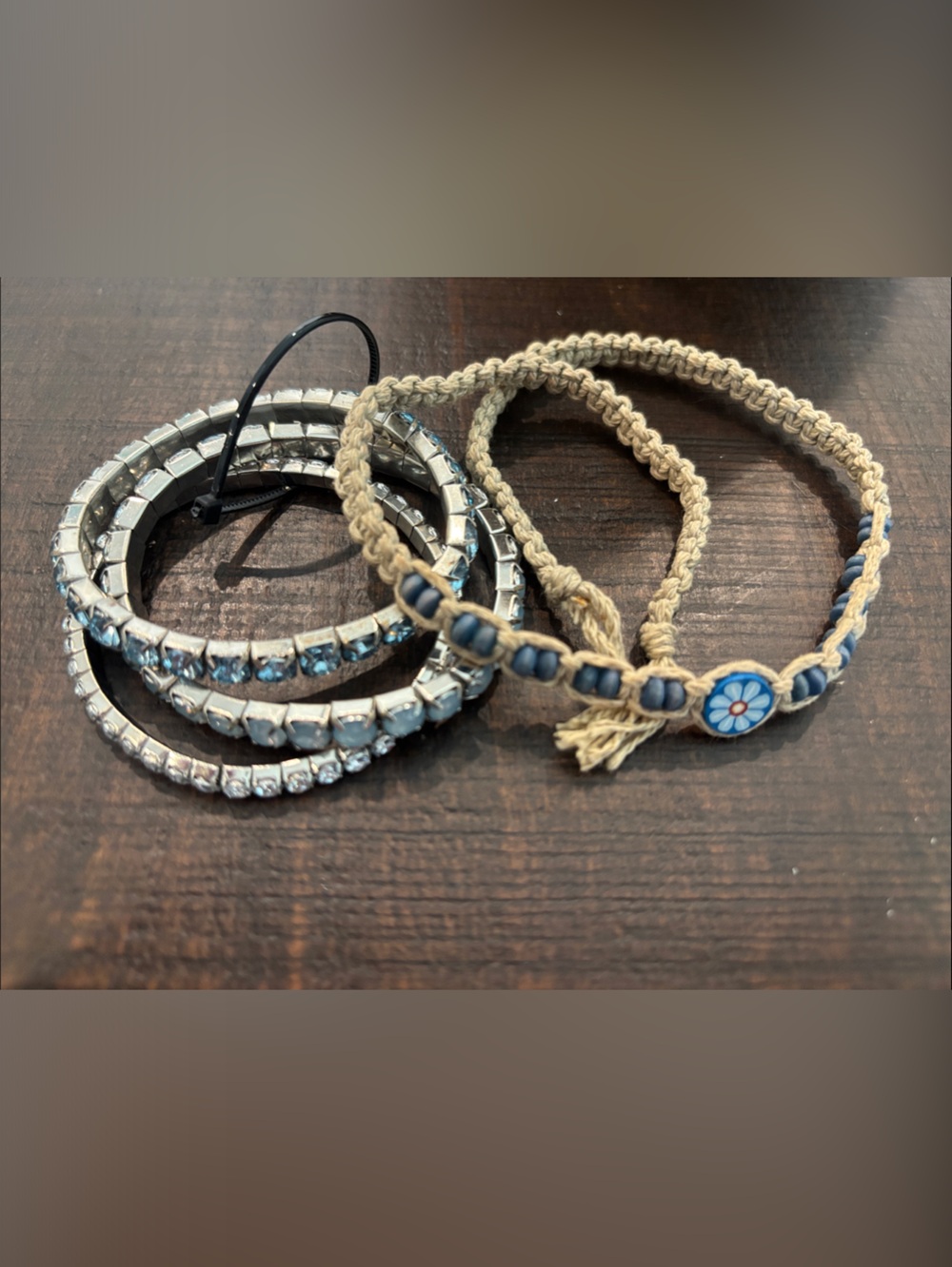 Cute Boho & Glam Bracelet Lot - Silver Rhinestone Stretch & Woven Flower Macrame